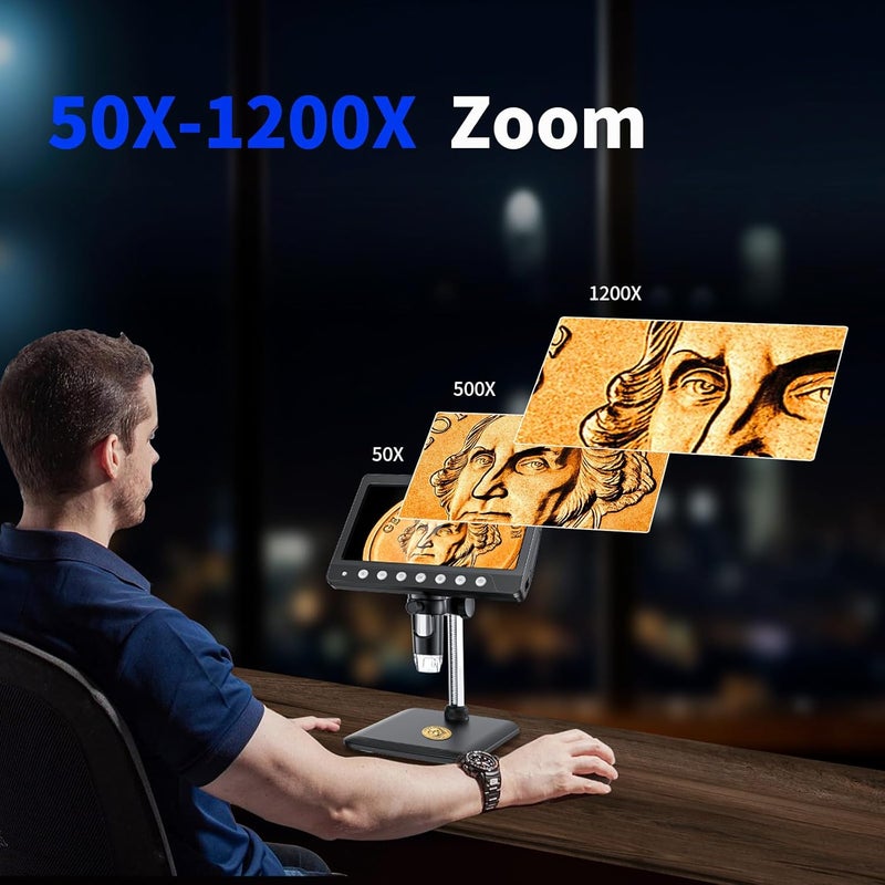WINWEND Coin Microscope for Adults Kids - 7'' HD IPS Digital Microscope for Error Coins with Screen | 1200X Soldering Microscope with 8 LED Lights | 32GB SD Card USB for Windows/MacOS - Image 2